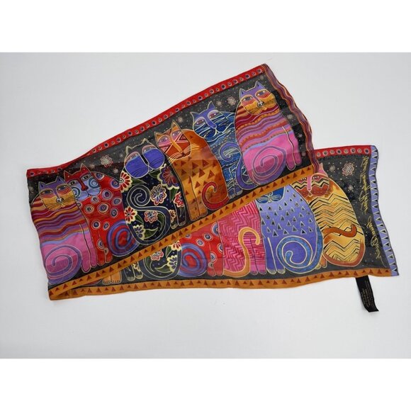 Laurel Burch "Feline Family Portrait" 100% Silk Scarf Vibrant Multicolor Cat Des - Picture 6 of 14